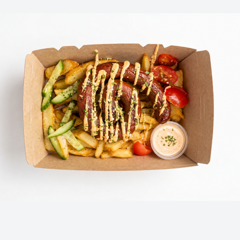 La Fonda UAE Beef Merguez Sausage on Fries, 2 pieces, traditional spiced halal merguez