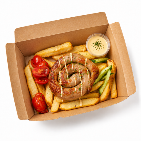 La Fonda UAE Smoked Chicken Sausage on Fries, 2 pieces, halal smoked chicken sausage meal